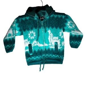 Vintage AZTEC PATTERN ALPACA Zip UP HOODED WOOL JACKET Kids Size 2
